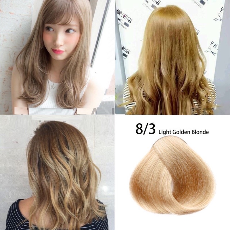 Thuốc nhuộm tóc màu vàng sáng 8/3 light golden blonde , oxy trợ nhuộm tóc ( Tặng kèm 1 đôi bao tay nilon )