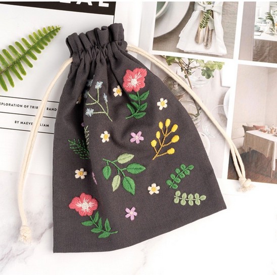 Bộ kit nguyên liệu túi thêu dây rút / Tote hoa lá vintage tự thêu đầy đủ handmade decor nhà cửa MIE Handmade