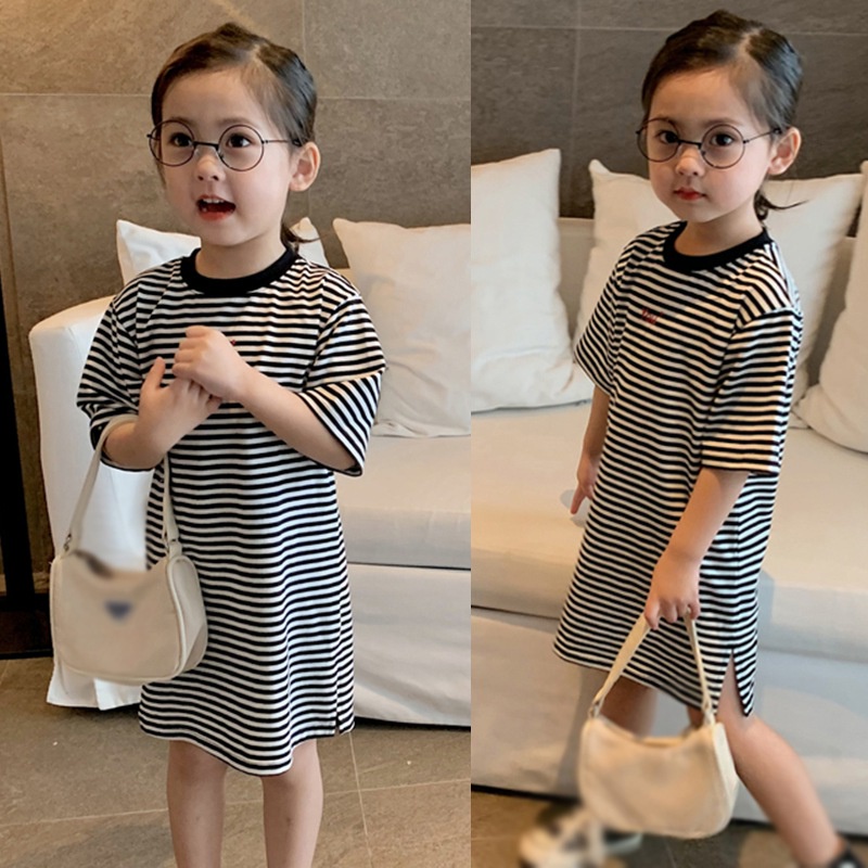 Đầm Thun Tay Ngắn Kẻ Sọc Ngang Se7En Phong Cách Hàn Quốc Cho Bé Gái 1-6 Tuổi