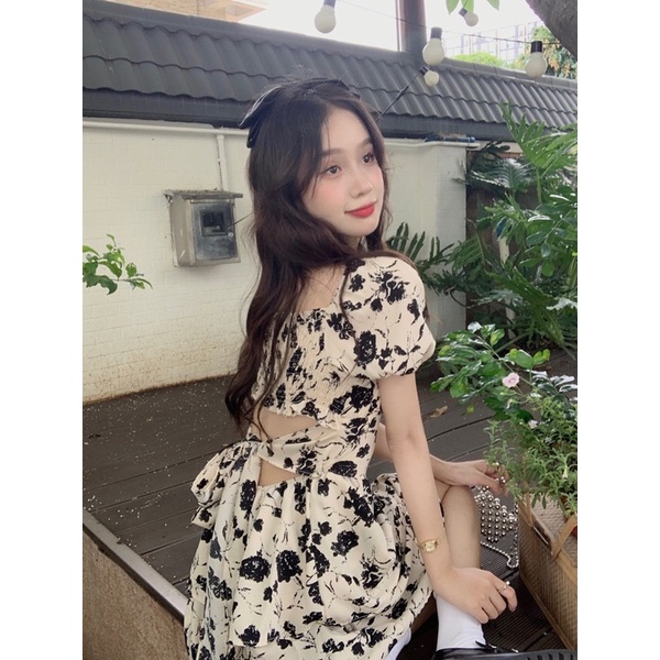 Váy xoè màu be tay phồng nơ lưng phong cách Hàn - Trung đầm ngắn cổ vuông dễ thương xinh xắn sang hở lưng