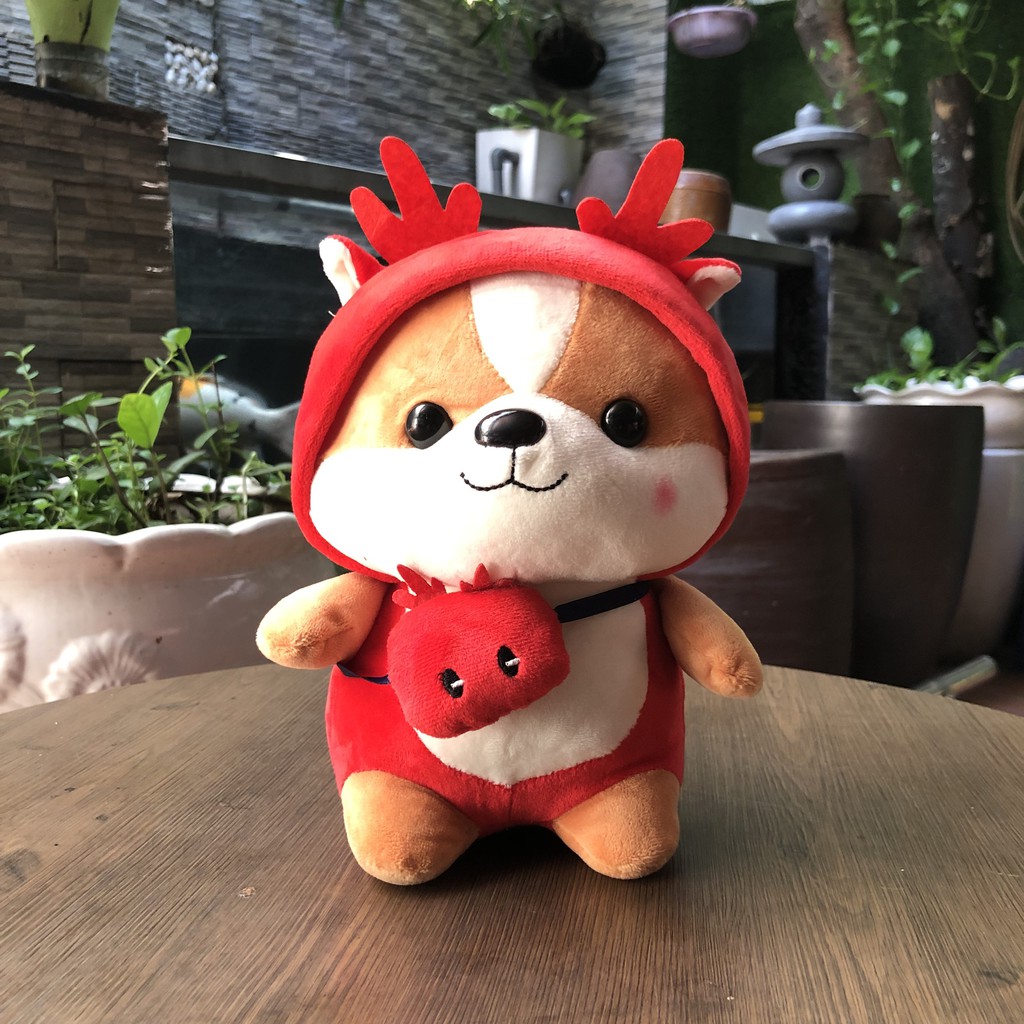 Thú nhồi bông Chó Shiba đội lốt màu đỏ đẹp ngộ nghĩnh đáng yêu cute mềm mịn Babimo