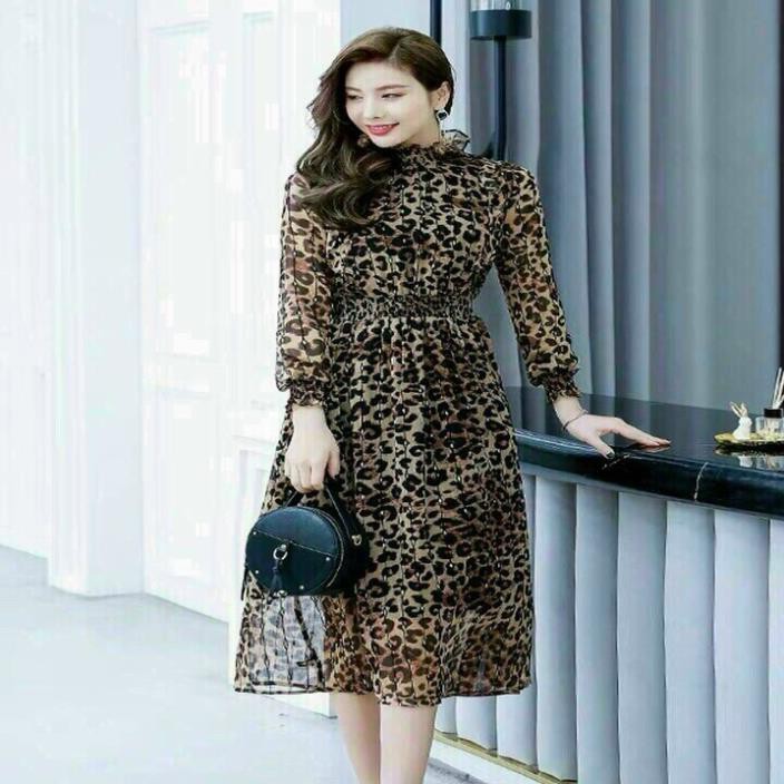 Váy đầm nữ dài tay họa tiết da beo thiết kế xòe xếp ly nhẹ sang chảnh - LINH'S STORE | BigBuy360 - bigbuy360.vn