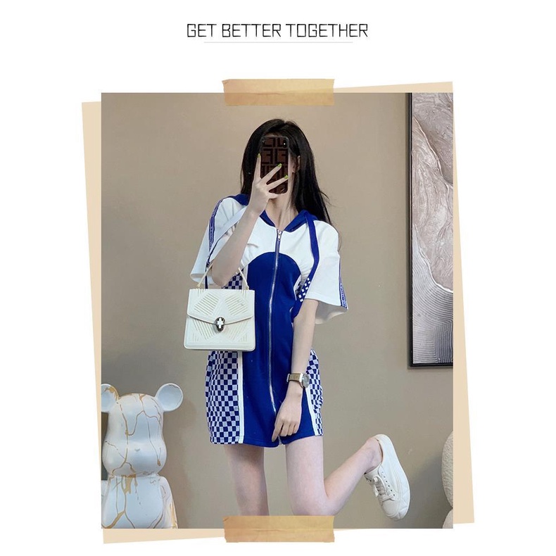 Casual fashion dress 2022 new women's summer casual fashion blue checkerboard dress