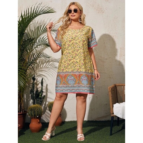 đầm suông big size màu vàng hoạ tiết boho size đại 80-110kg