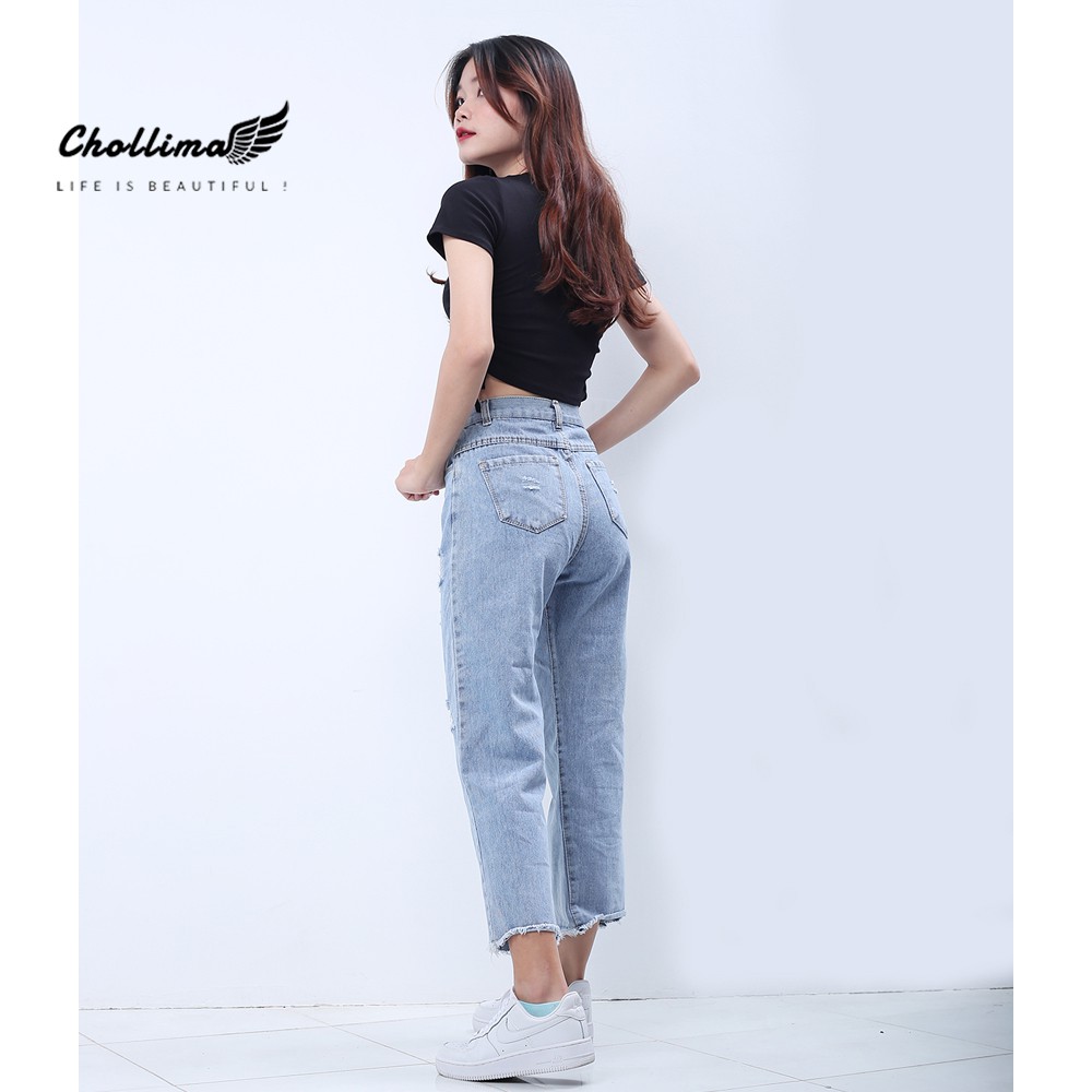 Quần baggy jeans nữ Chollima ống rộng tua lai màu xám trắng rách QD027