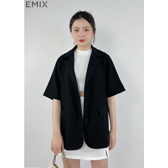 Áo vest cộc tay EMIX (3 màu), blazer, dáng dài, khoác, 2 cúc, form rộng, đi học, đi làm, chất vải trượt Hàn 6087