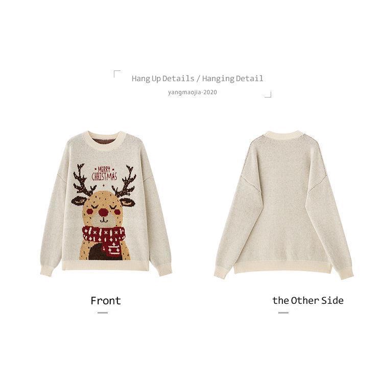Áo sweater dệt kim dáng rộng in hình tuần lộc đỏ thời trang thu đông phong cách Hàn Quốc cho nữ