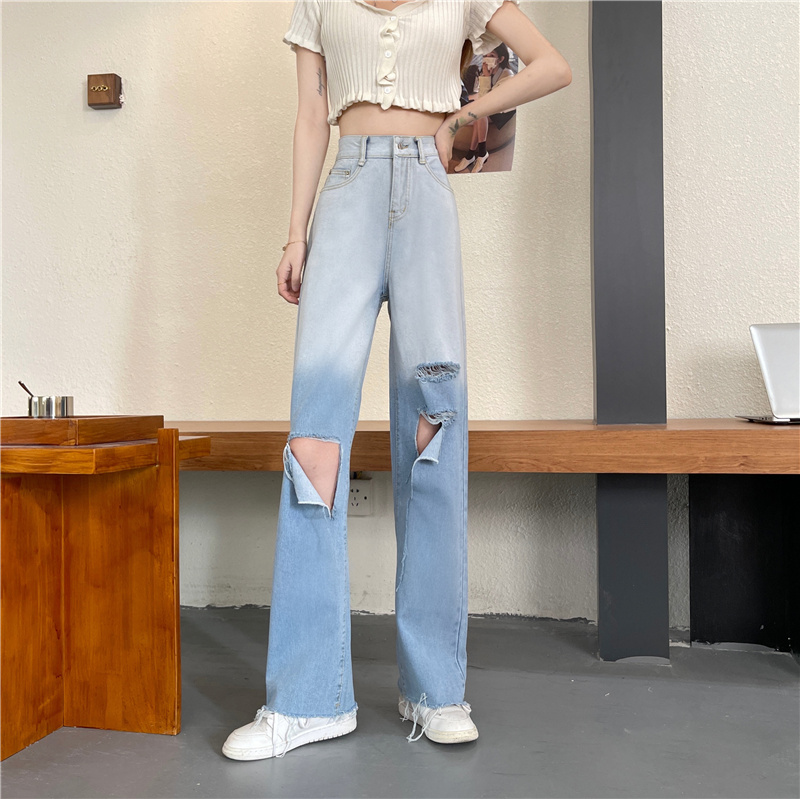 Quần Jeans Dài Phối Vết Rách Cá Tính Cho Nữ