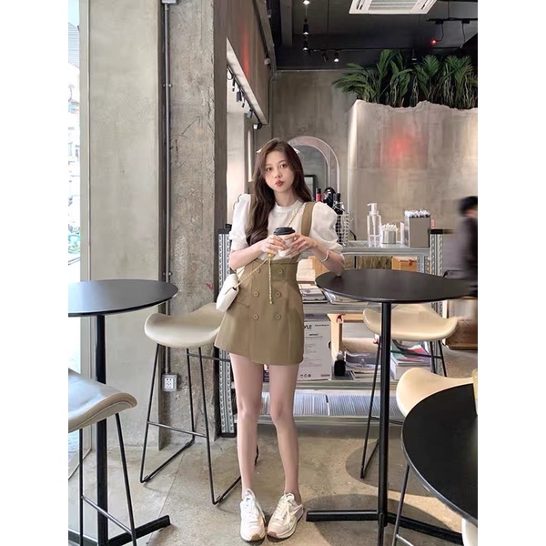 Set Yếm Kaki Mix Áo Tay Phồng 2 Màu Siêu Xinh Có Ảnh Thật, Sét Yếm Váy Hàn Quốc sẵn hàng kèm video