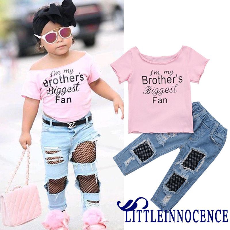 ❤XZQ-Kids Baby Girls T shirt Tops+Mesh Jeans Pants 2pcs Outfits Set Clothes