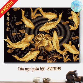 Tranh sơn dầu số hóa có khung tự tô màu theo số CỬU NGƯ QUẦN HỘI SVPT015 ( Tranh phong thủy cá chép tài lộc góc sắc màu)
