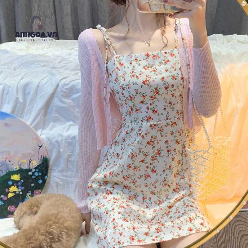 ✨✨Đầm Ngắn Hai Dây Cổ Chữ V Xẻ Tà In Họa Tiết Hoa Màu Vàng Phong Cách Pháp Thanh Lịch Thời Trang Mùa Hè Cho Nữ