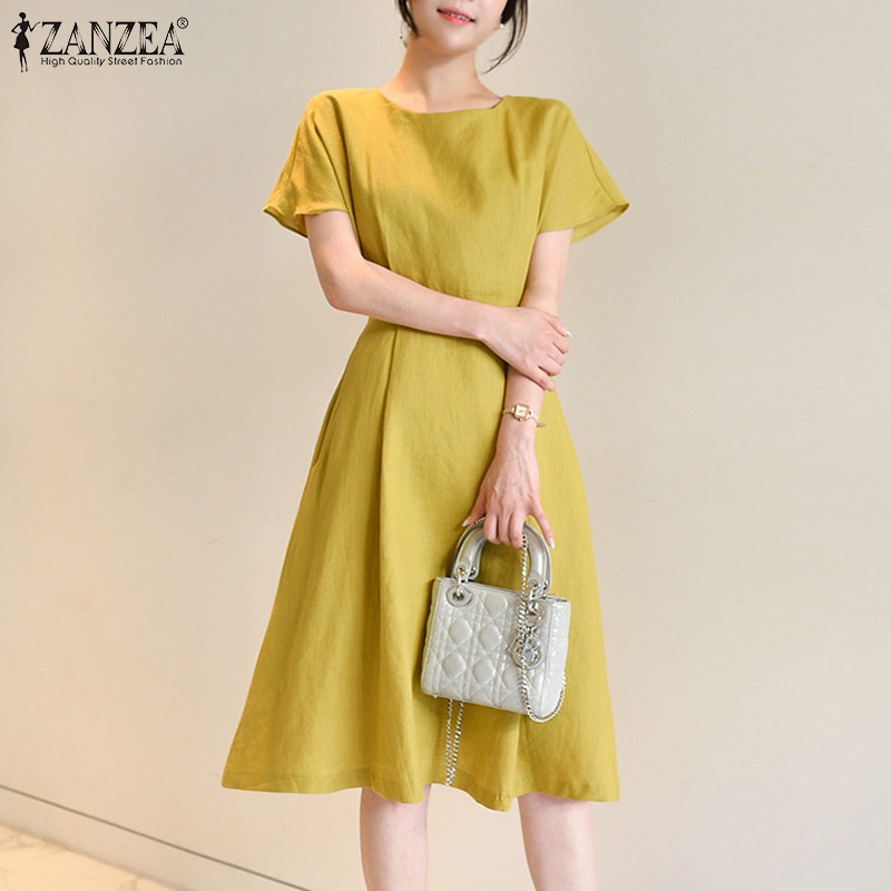 Đầm midi Zanzea cotton ngắn tay cổ tròn xếp ly eo cao phong cách Hàn Quốc thời trang cho nữ có túi bên hông