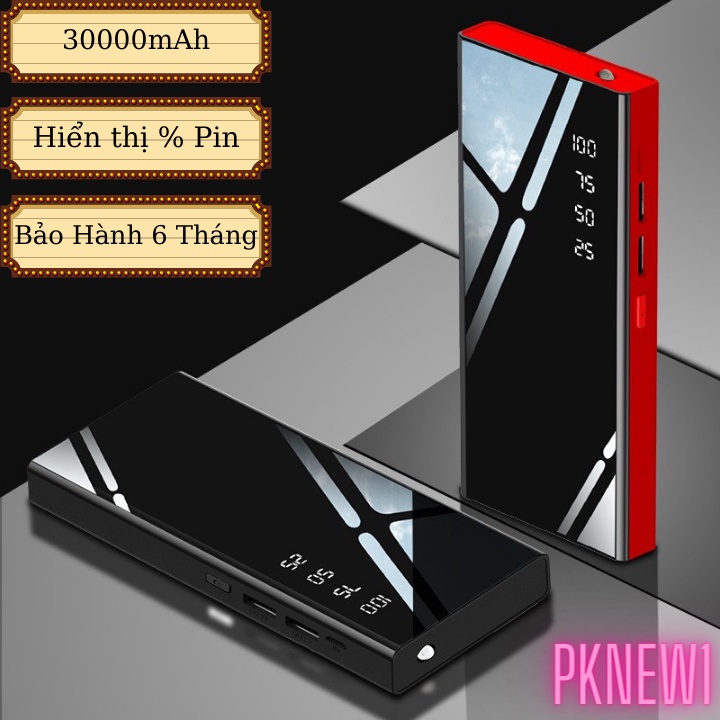 Sạc Dự Phòng 30000 mAh Mặt Kính Đen Hiện Phần Trăm Pin 2 USB Có Đèn