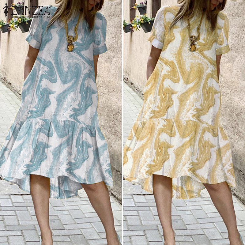 Đầm ZANZEA chữ A tay ngắn cổ tròn thời trang sành điệu dành cho phái nữ