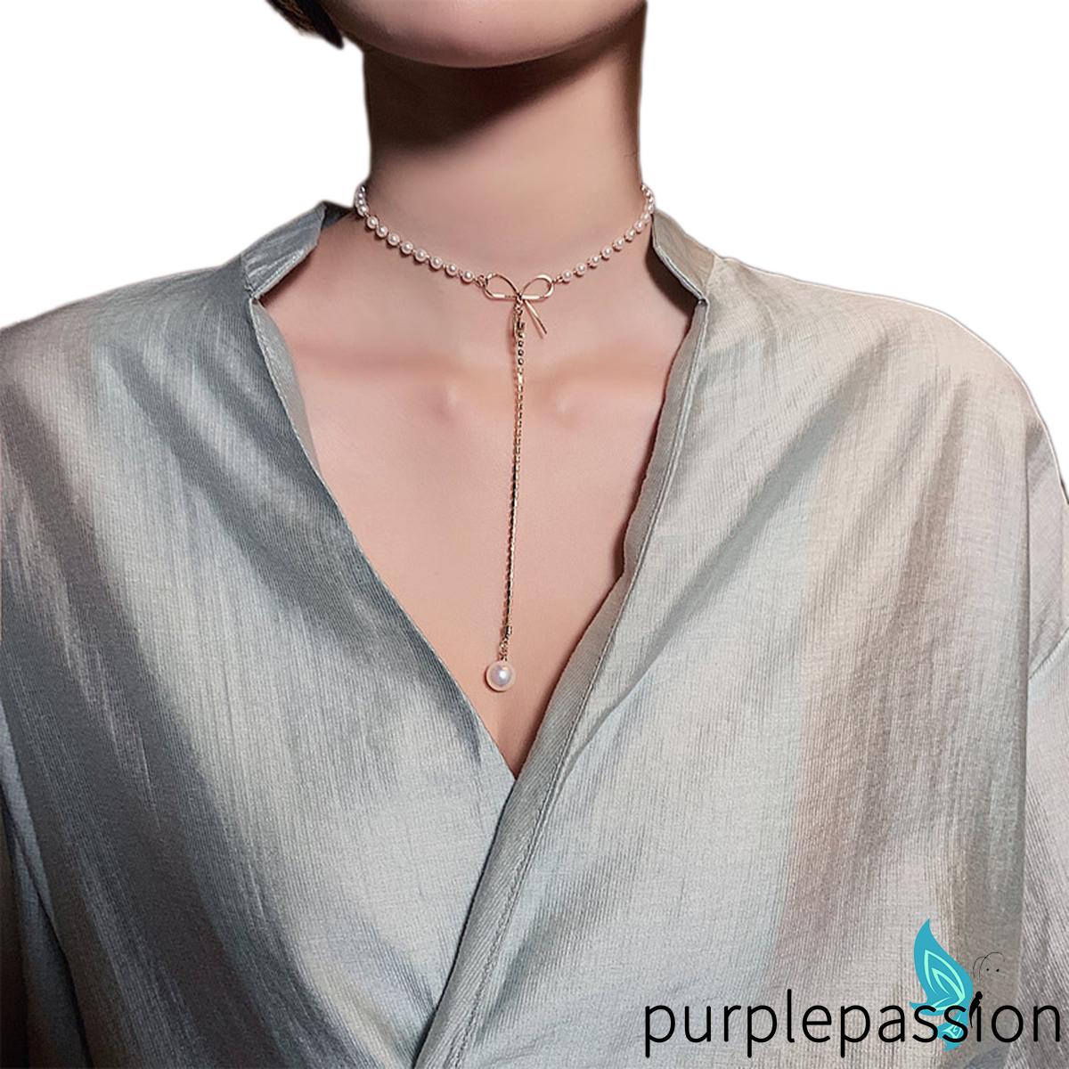 PURP-Clavicle Necklace Pearl Rhinestone Adjustable Bow Elegant Noble Fashionable Joker Woman Jewelry Pendant Necklace