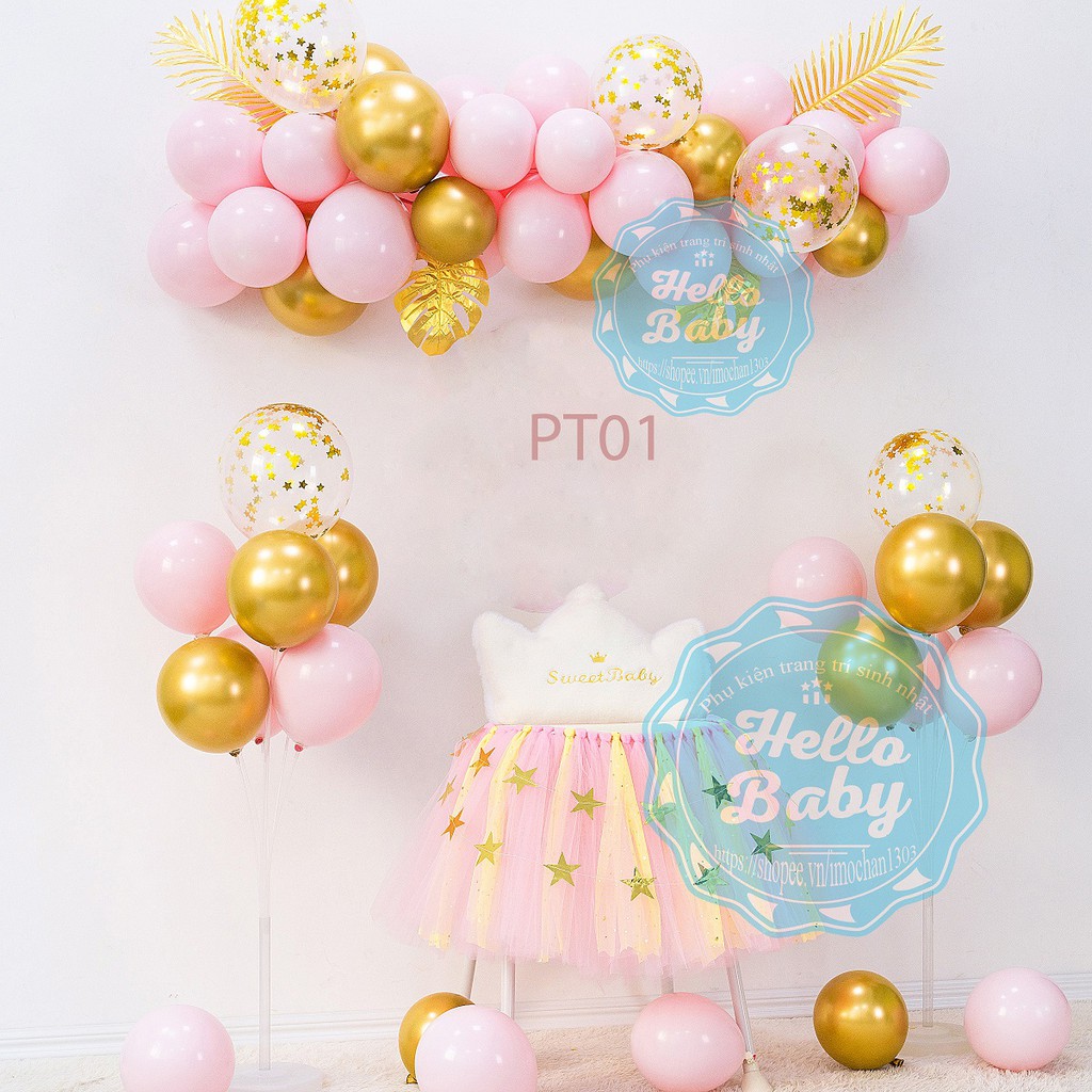 Set bóng trang trí màu pastel kết hợp màu chrome (Có trụ giả bóng bay