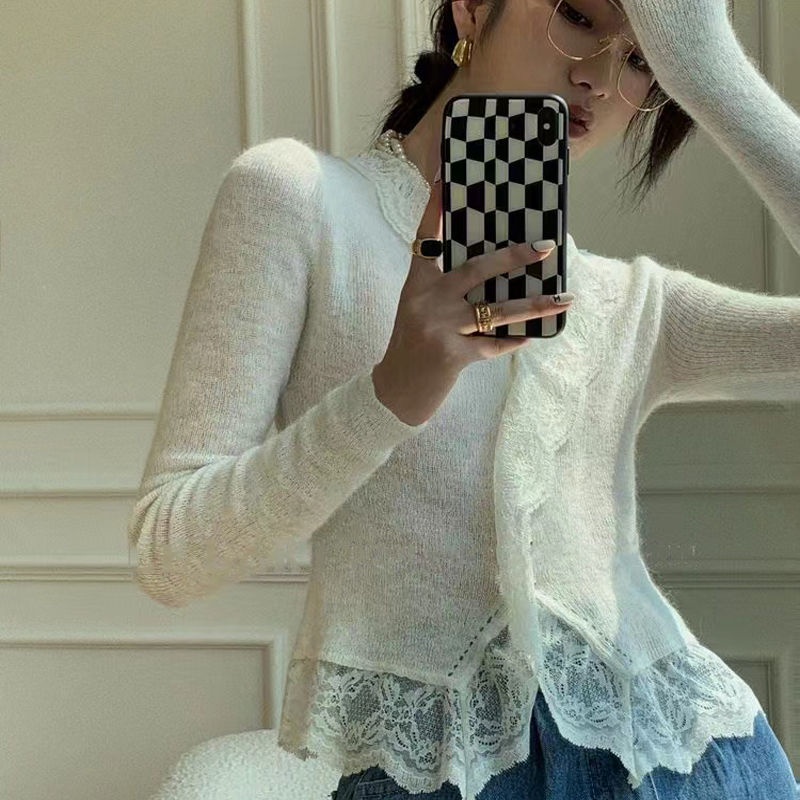 Áo Sweater Dệt Kim Mỏng Tay Dài Phối Ren Phong Cách Pháp Thời Trang Mùa Đông Mới Cho Nữ