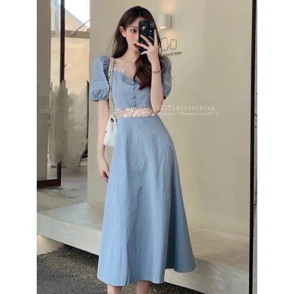 ( Sẵn ) ĐẦM TAY PHỒNG DÁNG DÀI PHỐI REN CỔ EO ULZZANG / VÁY CÔNG CHÚA MAXI DÀI XANH