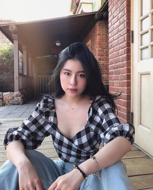 Áo caro đắp chéo cột nơ 2 màu xanh- đen