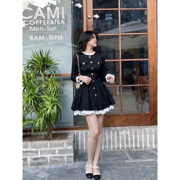 Váy dài tay chân váy xếp li xoè pha bèo xinh xắn Amineyshop