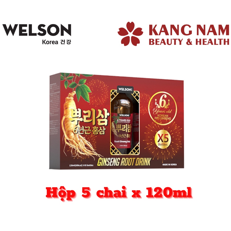 Hộp Quà Biếu Nước uống Nhân Sâm Nguyên Củ Welson Ginseng Root Drink chai 120ml x 5 chai (HỘP 5 CHAI)
