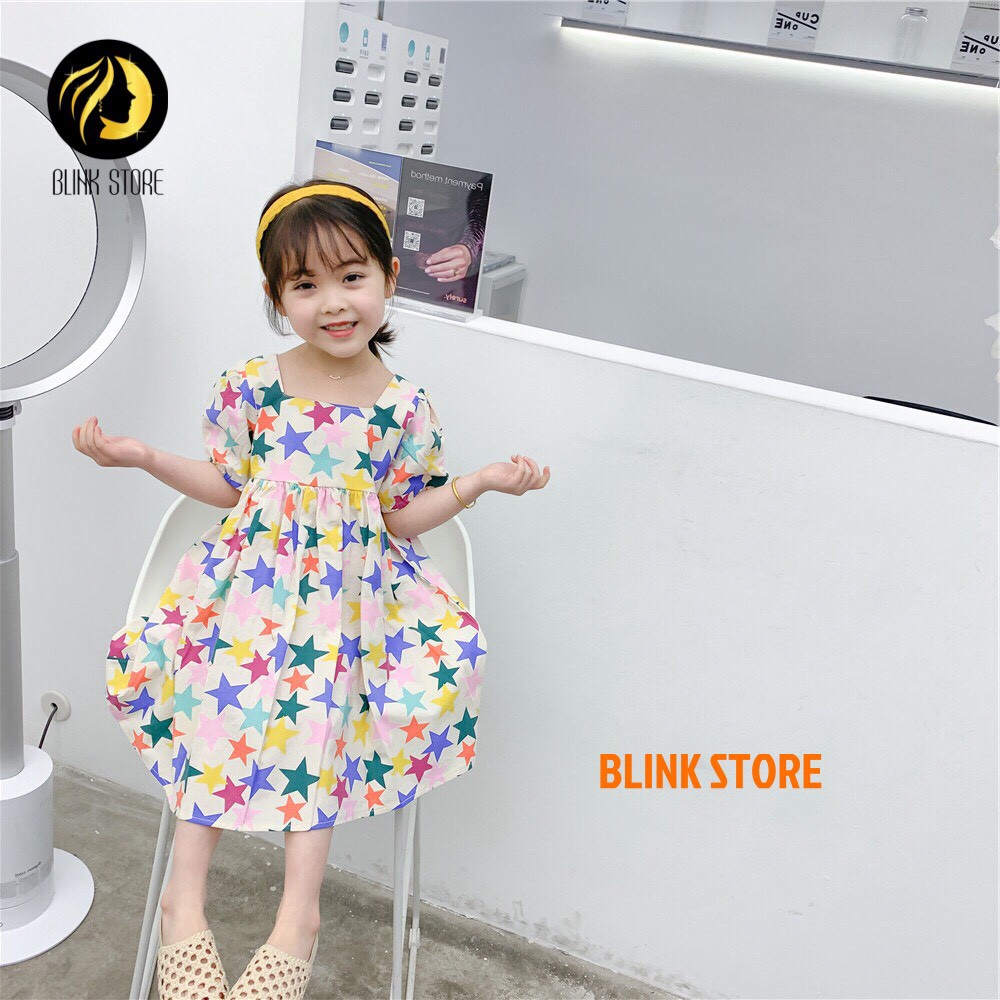 Váy đầm bé gái mùa hè họa tiết sao tay bồng, chất liệu cotton, dáng xòe búp bê xinh yêu phong cách Hàn , từ 3 đến 8t