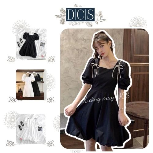 Váy xòe phối nơ vai đầm nữ chất đũi mềm style tiểu thư sang chảnh Xưởng May DCS