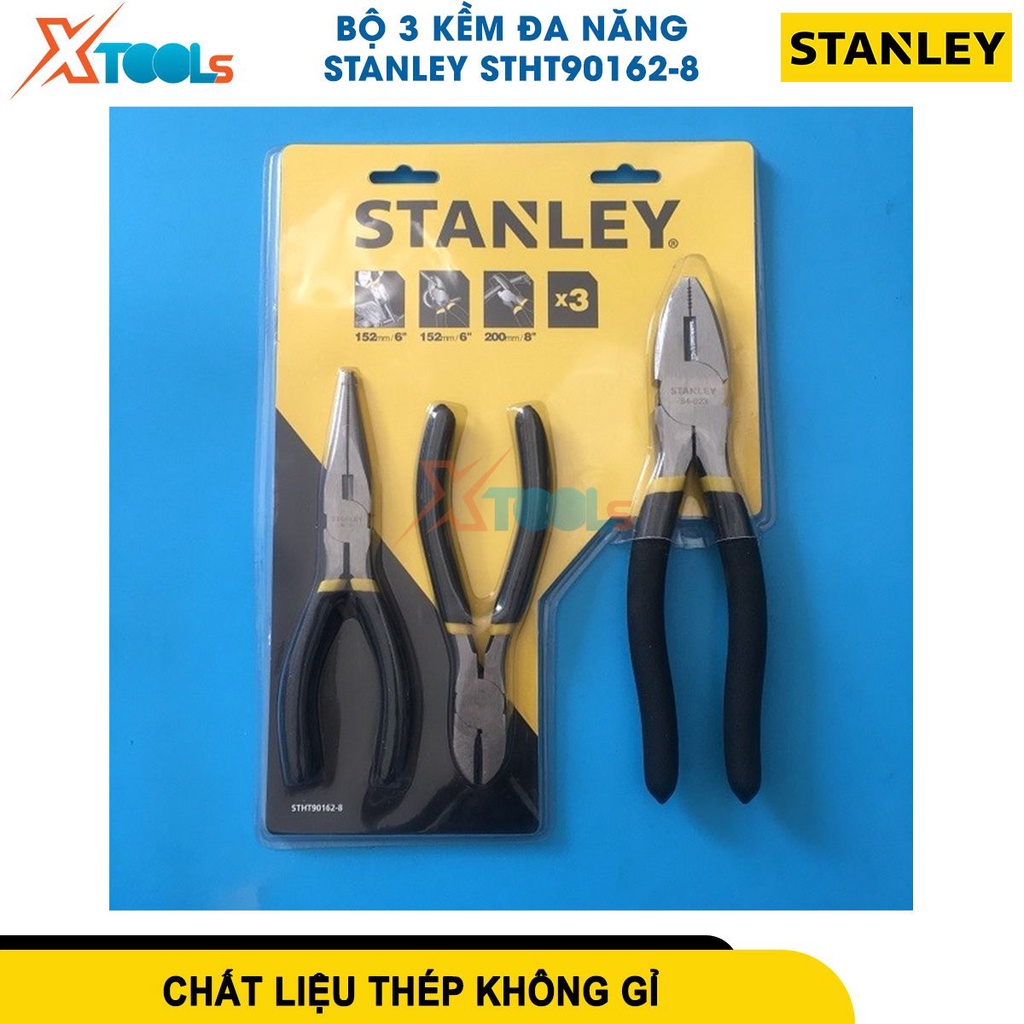 Bộ 3 kìm cắt 6&quot;, kìm điện 8&quot;, kìm nhọn 6&quot; Stanley STHT90162-8 thép CR-V chống rỉ sét, mài mòn kềm cắt-CHÍNH HÃNG-XTOOLS