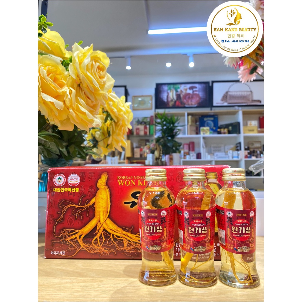 Nước uống hồng sâm nguyên củ sâm Won Ki Sam Korean Ginseng Drink 120ml x 10 chai