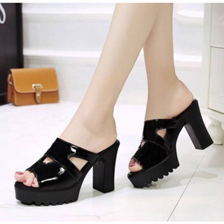 Dép cao gót đế thô khuyết eo 9f