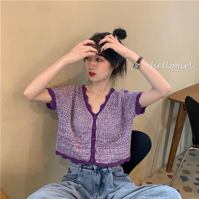 Áo Cardigan Dệt Kim Mỏng Tay Ngắn Cổ Chữ V Dáng Rộng Màu Sắc Thời Trang Dành Cho Nữ