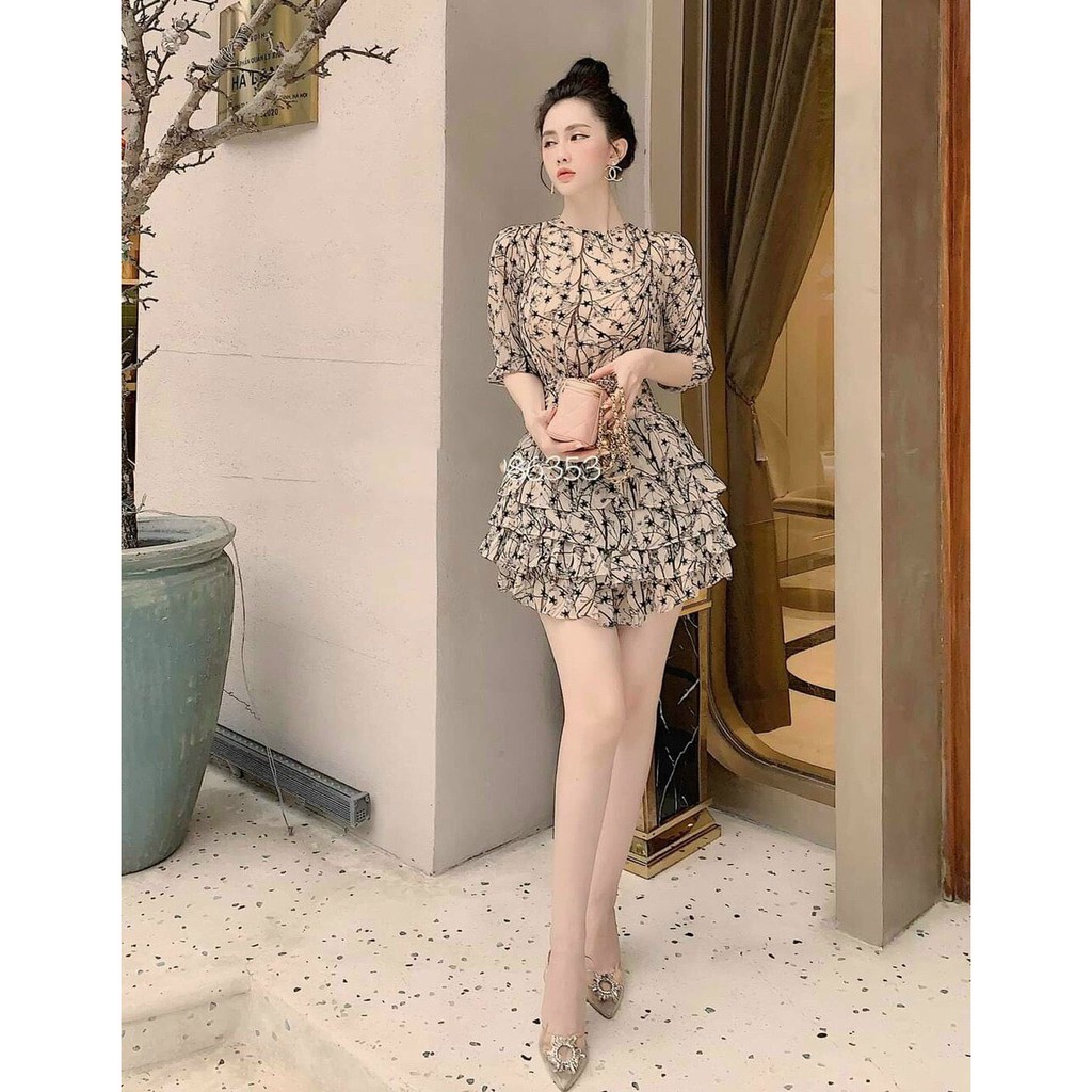 ĐẦM NỮ NGẮN XÒE XẾP TẦNG TAY LỠ HỌA TIẾT HOA LÁ SIÊU XINH XT75