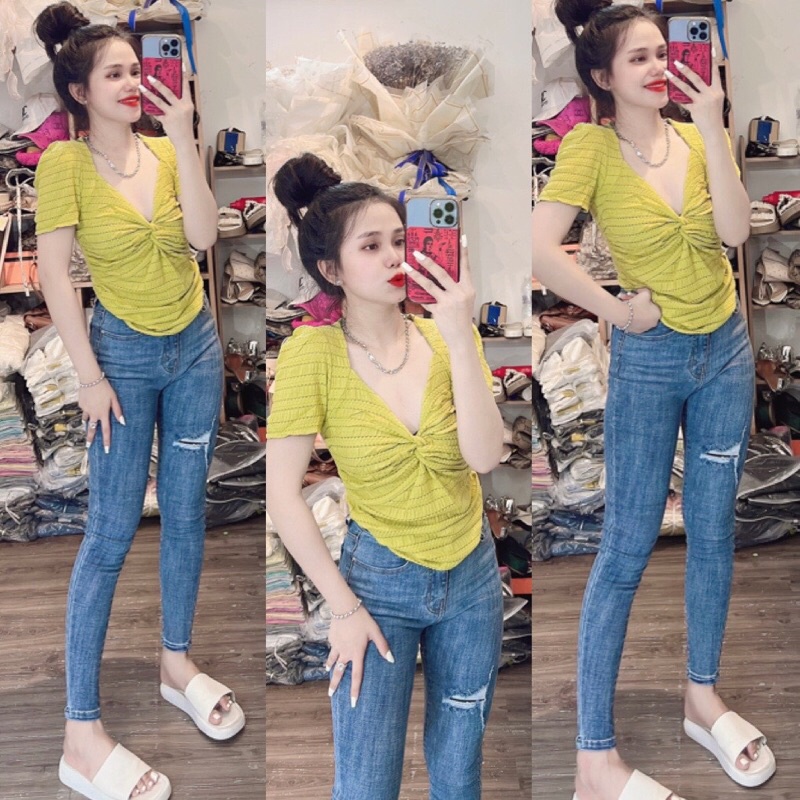 Áo Thun Body xoắn ngực tay ngắn co giản 4 chiều