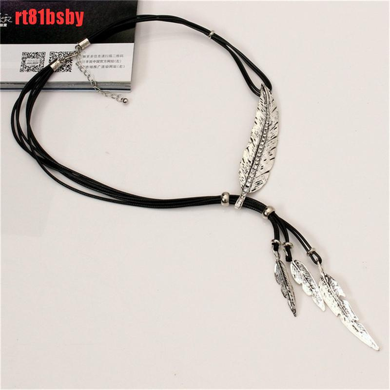 [rt81bsby]Women Vintage Bronze Rope Chain Feather Pendant Choker Chunky Statement Necklace