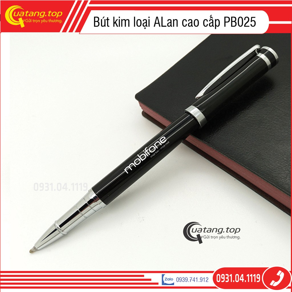 Bút ký cao cấp Alan nắp bật viền bạc PB025 ngòi bi nhọn 0.5mm Mực xanh khắc tên làm Quà tặng sếp bạn bè thầy cô giáo