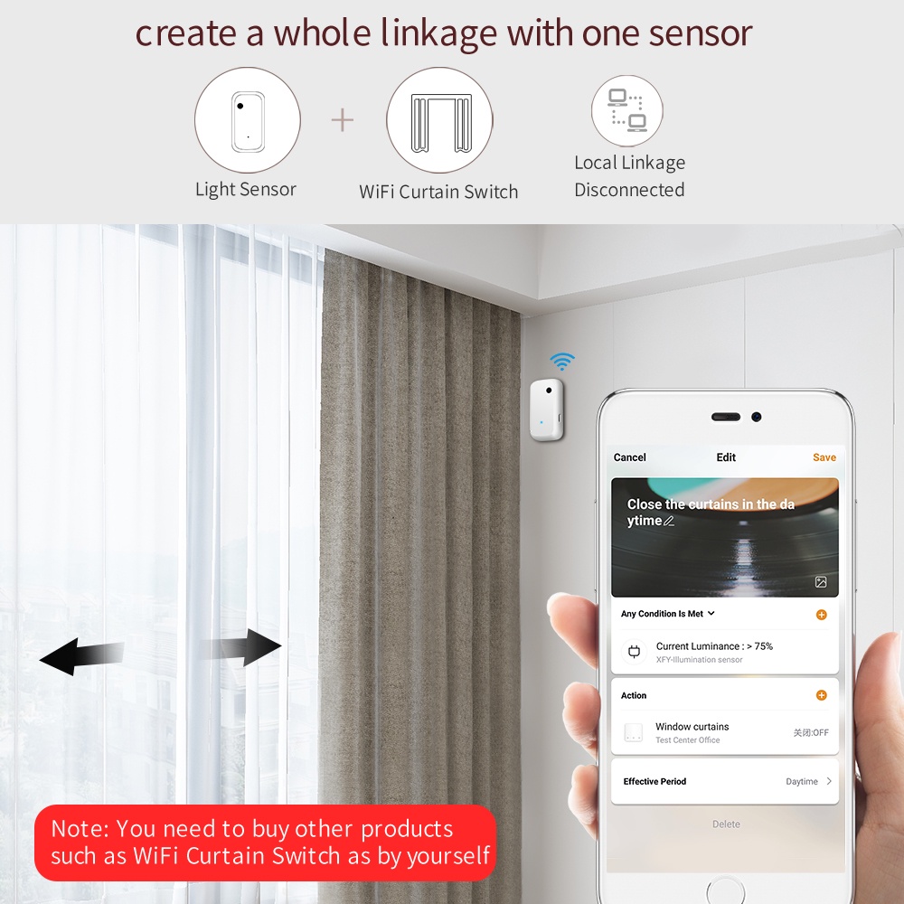 Bộ cảm biến đèn SMATRUL Tuya Wifi dò ánh sáng thông minh hoạt động với công tắc đèn rèm