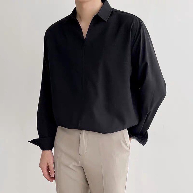 Áo sơ mi nam nữ cổ V thiết kế, tay dài from rộng, chuẩn style Hàn Quốc, sơ mi trơn vải lụa kate mềm Shinghai