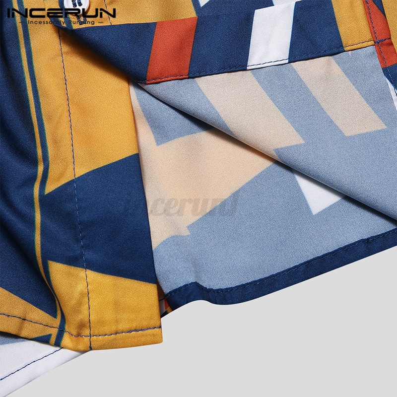 INCERUN Mens Casual Geometric Print Short Sleeve Button Lapel Shirt