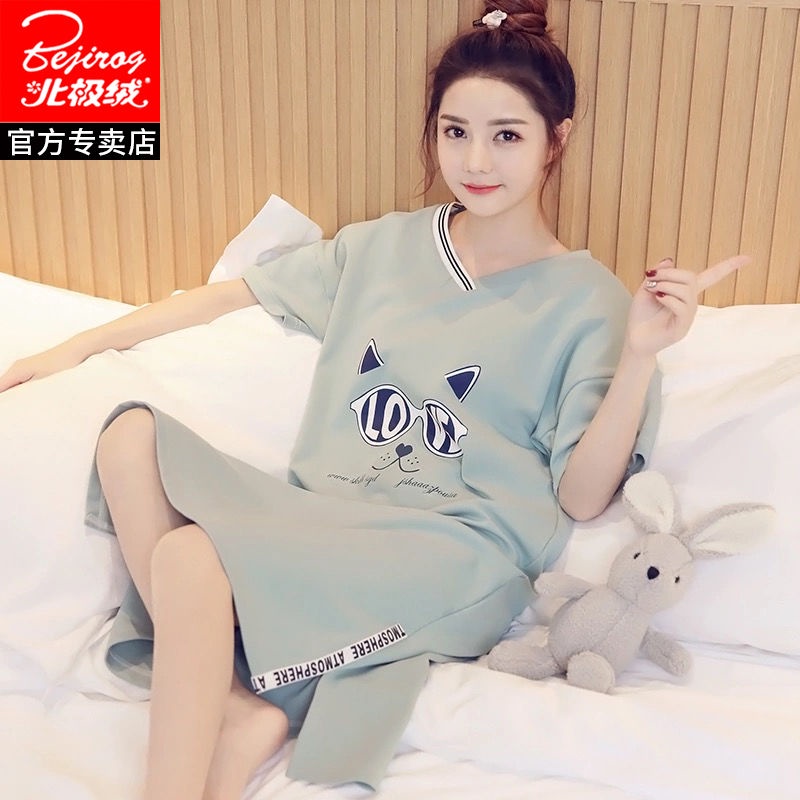 Đầm Ngủ Cotton Tay Ngắn Dài Qua Gối In Họa Tiết Hoạt Hình Dễ Thương Thời Trang Mùa Hè Cho Nữ