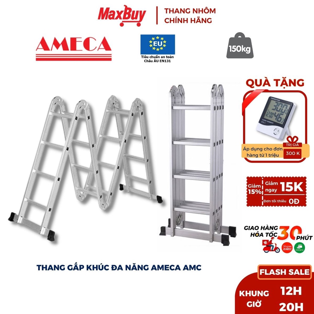 Thang nhôm gấp xếp đa năng 4 đoạn chữ M xếp gọn 4 khúc AMECA nhập khẩu bảo hành chính hãng AMC giao hỏa tốc HN