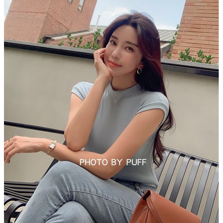 Áo Dài Tay Skinny!F &amp; X Version Knock on Good Bi Item ~ Áo Thun Không Tay Ôm Ngực Cổ Cao Gợi Cảm Cho Nữ