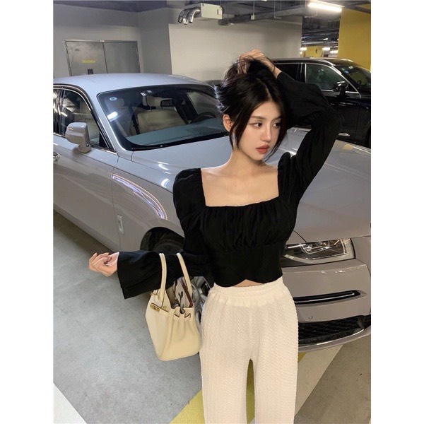 Áo Croptop Cổ Vuông Nhún Tay Nơ Lưng Bánh Bèo Xinh Xắn - AK0059 | steven.factory