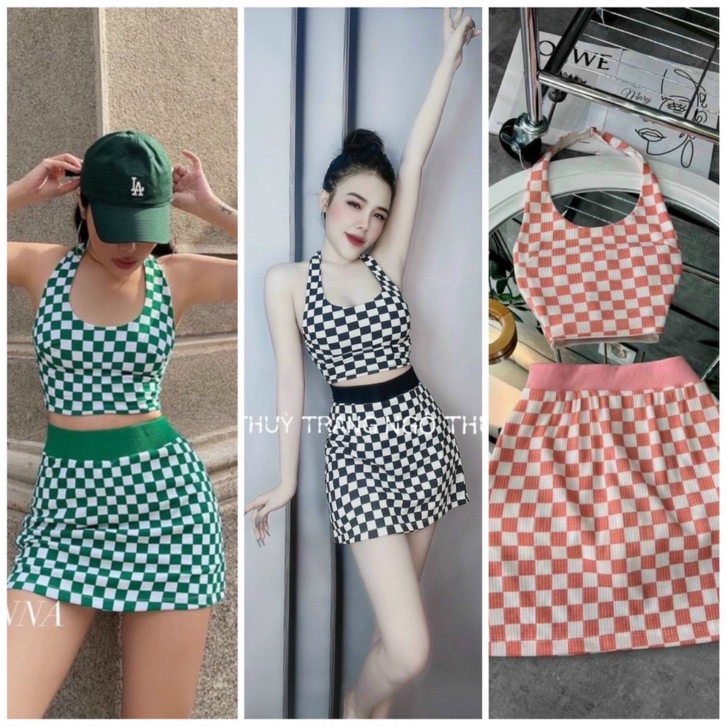 Sét bộ caro áo yếm đẹo cổ croptop phối chân váy chữ A ôm cực xinh , chất thun gân dày dặn mk