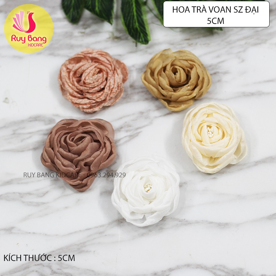 Hoa trà voan size 5cm hoa dùng làm hoa cài áo, hoa trang trí phụ kiện tóc, phụ kiện may mặc