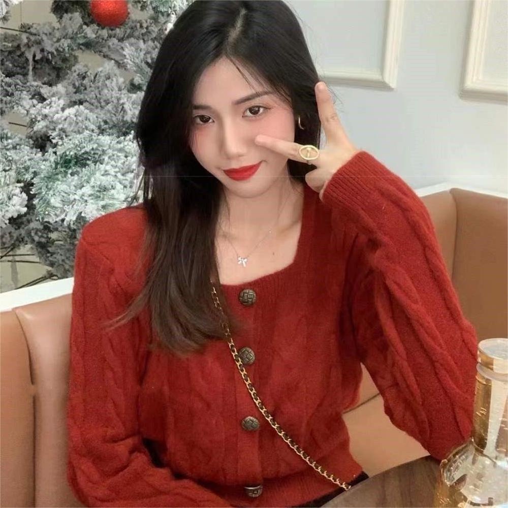 Áo cardigan dệt kim ZHELIHANGFEI tay dài cổ vuông lưng cao thiết kế dễ thương sáng tạo