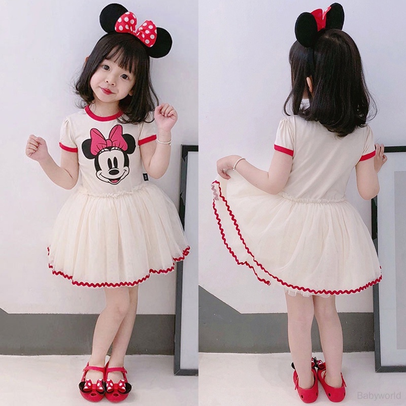 Đầm Công Chúa Tay Ngắn Cổ Tròn Phối Lưới In Họa Tiết Chuột Mickey Hoạt Hình Cho Bé Gái