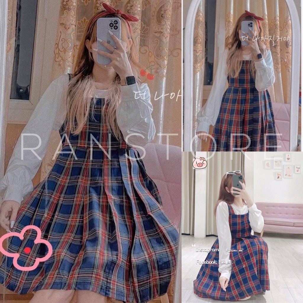 Set áo thun váy yếm kẻ 2 dây babydoll dáng xòe tiểu thư/ Áo thun trơn dài tay mix yếm suông ulzzang_ranstore