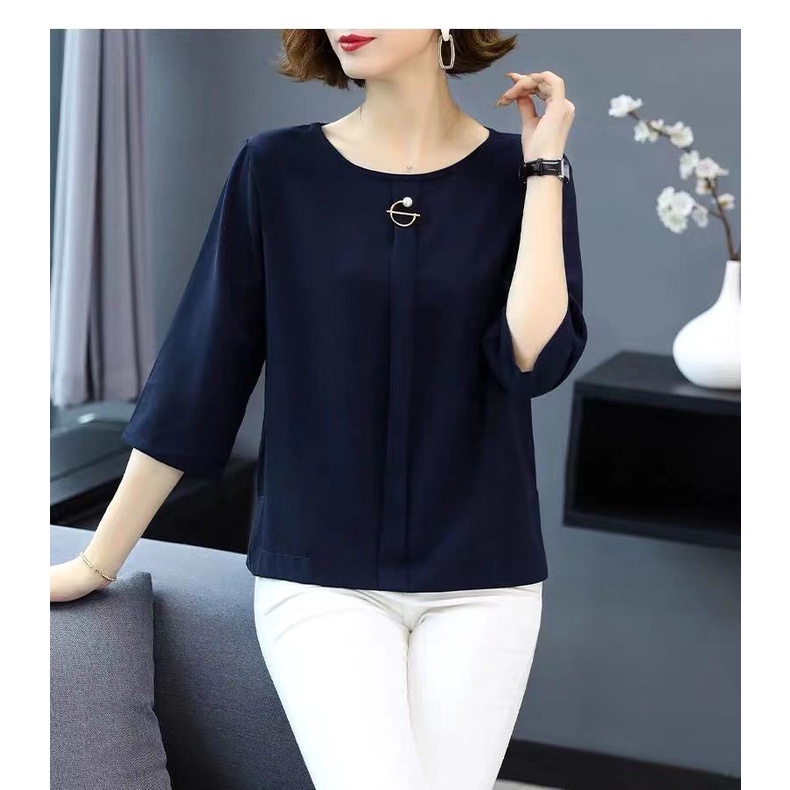 Áo thun tay dài dáng rộng họa tiết kẻ sọc thời trang cho phụ nữ trung niên