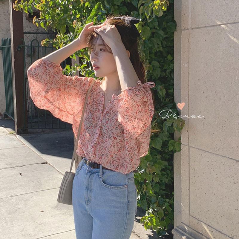 Women's Korean-style chiffon floral long-sleeved thin shirt